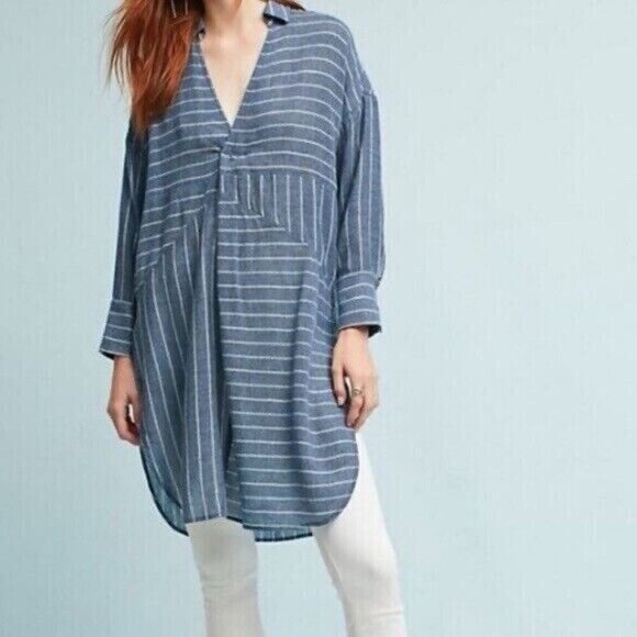 Akemi + Kin Womens Strada Tunic Top Sz Large Blue Stripe Wool Anthropologie - Picture 1 of 8